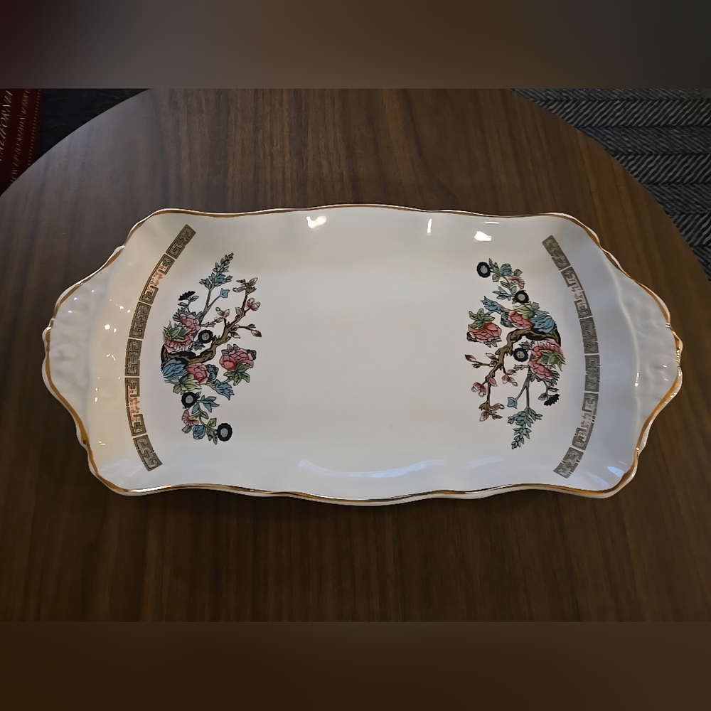 Vintage Floral Rectangular Serving Platter with Gold Trim
